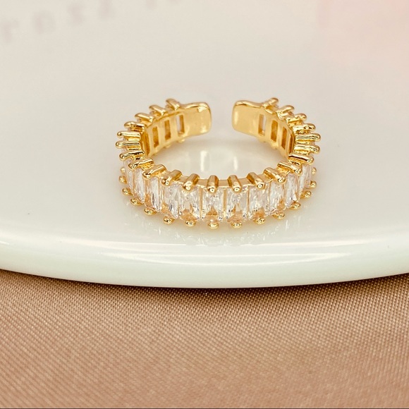 18K Iced Yellow Gold Diamond CZ Baguette Cut Open Ring Design - Picture 11 of 14